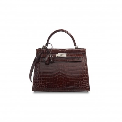 HERMÈS MASTER A SHINY HAVANE NILOTICUS CROCODILE SELLIER KELLY 28 WITH PALLADIUM HARDWARE (28*22*10cm) 